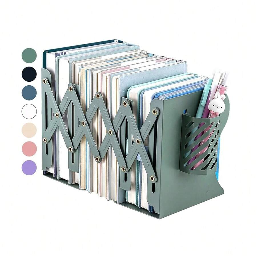 FKingsmile Book Ends, Adjustable Bookends For Shelves, Metal Bookends For Heavy Books, Book Stopper Organzier With Pen Holder For Desk, Room, Office, Classroom, Library, Study Room.(Green) - Màu xanh lá - Xem 1