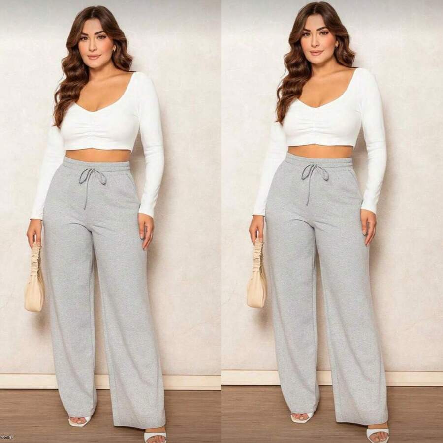 Kit Of 2 Women's Pants, Lanzinha Fashion, Winter/Summer, Wide-Leg Pants, 2026 - Gray Gray. - View 1
