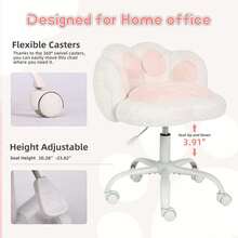 Adorable sillón de tocador con forma de pata de gato, asiento de felpa sin brazos y ruedas, tapizado para oficina en casa, para niñas y mujeres, altura ajustable, respaldo medio, giratorio, para sala - Blanco - Ver 4