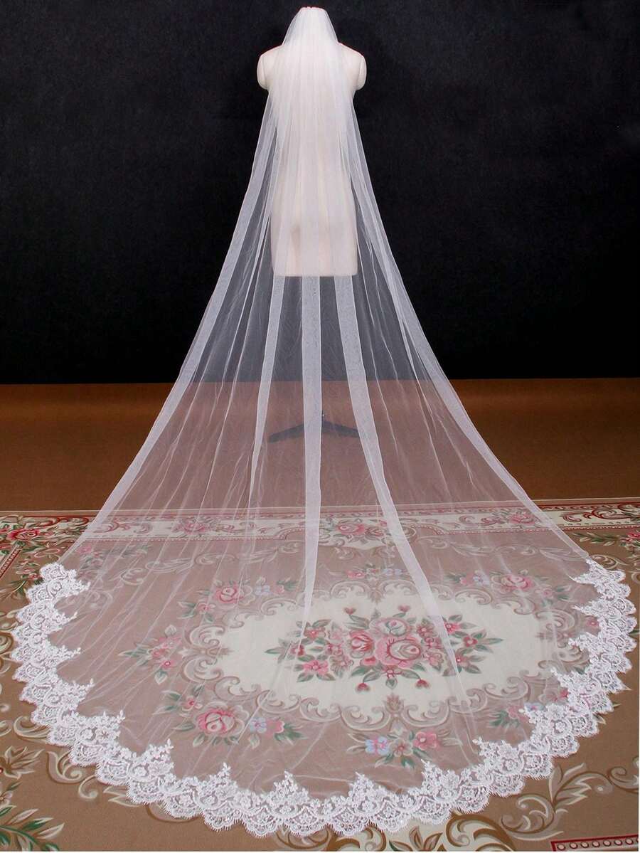 1件亮片蕾丝头带单层新娘面纱 - 象牙 - 查看 1