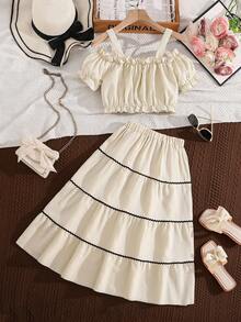 Left Mama 女童优雅泡泡袖单肩吊带背心和迷你裙套装，适合夏季海滩度假 - 杏色 - 查看 2