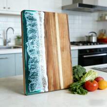 Epoxy Resin Solid Wood Resin Cutting Board Crafts, Rosewood Mosaic, Wave & Beach Pattern Chopping Board