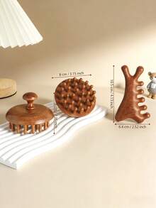 2pcs/Set Natural Sandalwood Coarse Tooth Head Massage Comb, Round Scalp Massage Wide Tooth Comb, Facial Massage Small Tool, Compact And Portable Unisex Hair Brush - Brown - View 2