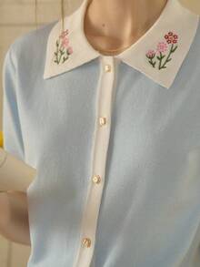 Simple Retro 女士春夏新款刺绣撞色彼得潘领纽扣优雅复古休闲开衫衬衫，温柔优雅，适合工作、面试等场合，法式时尚夏季上衣 - 藍色 - 查看 8