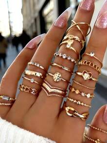“22件套女士金色叠戴戒指套装 - 多款心形链条纹理时尚手指饰品，适合日常佩戴” - 幾何22件 - 查看 7