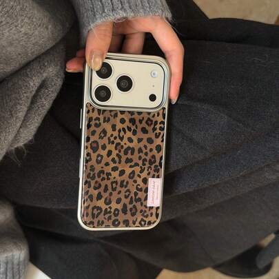 复古时尚银边树脂涂层黑色豹纹手机壳，适用于 17 Pro Max、16 Pro Max，可爱时尚，适合女生，保护性强。