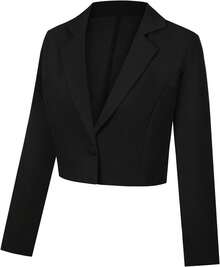 Women's Cropped Long Sleeve Notch Lapel Button Front, Casual Work Office Cardigan Suit, Style YGHH - Black - View 5