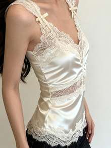 春夏新款蕾丝拼接V领性感蝴蝶结透视吊带背心（女款） - 香檳色 - 查看 2