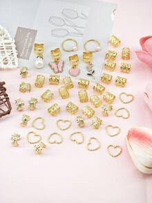 46pcs Women's Braid Heart Pearl Pendant Hair Accessories, Pink Heart & Butterfuly & Rose Pendant Hair Clips, Hair Decorations, Valentine's Day Love Hair Accessories, Braid Decorations, Earrings - Gold - View 5