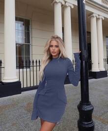 Mock Neck Bodycon Dress For Fall - Women's Long Sleeve Mini Dress, Versatile For Party & Evening - Blue - View 3