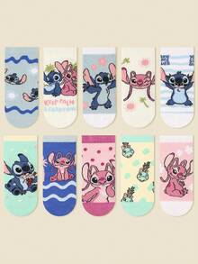 Disney 1/5/10双装迪士尼儿童/女孩春夏卡通短袜/踝袜，可爱顽皮吃冰淇淋史迪奇/顽皮天使图案装饰，时尚个性柔软透气吸汗运动袜，休闲蕾丝袜，适合学生日常穿着、节日礼物、户外旅行、返校季，颜色和款式随机。 - 彩色 - 查看 2