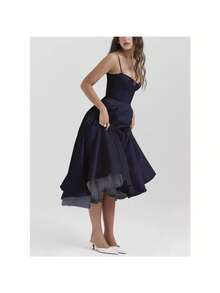 Dresses For Women,Women's Fashionable Double-Layer Lace Camisole Sexy Slim Fit Ruffled Trim Dress - 藏蓝色 - 查看 2