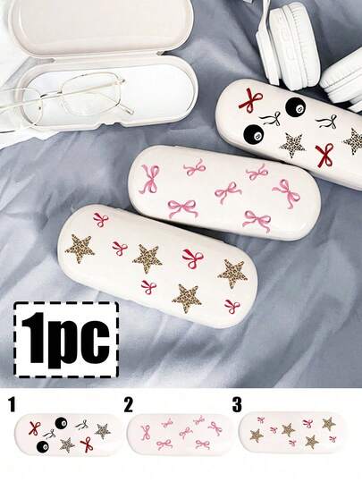 1 pieza Estuche de gafas con estampado de moda, caja de almacenamiento de gafas Ins, estampado con lazo rojo, lazo rosa, estampado de leopardo de estrella de cinco puntas, bola de billar negra 8 y patrón de lazo negro, caja de almacenamiento multifuncional, caja de almacenamiento de gafas de moda portátil, material de plástico, impermeable y resistente a las manchas, ligero, puede almacenar gafas, cables de datos, llaves, bolígrafos, notas, etc.
