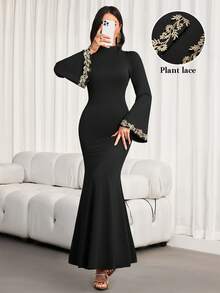 优雅立领，超长喇叭袖，阿拉伯风格贴花装饰连衣裙 - 黑色 - 查看 1