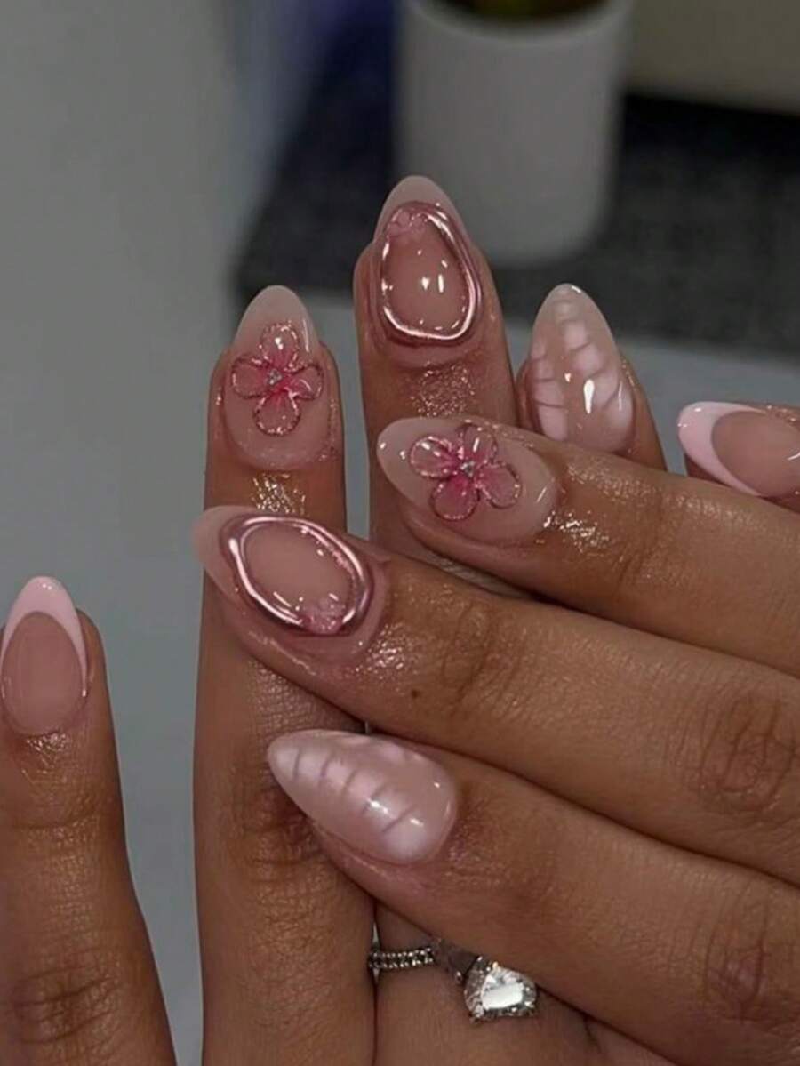 24片短款椭圆形3D凝胶美甲贴纸，打造仿珍珠花朵美甲设计，法式亚克力按压式美甲，短款尺寸完美贴合假指甲，套装包含：1片果冻胶和1个指甲锉，短款美甲和夏季美甲会让你的指尖闪耀，适合派对、跳舞和日常使用。美甲用品 - 彩色 - 查看 1