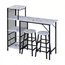 3Pcs Bar Table And Stools Set, Kitchen Breakfast Bar Table And Chairs Set 2 With Cup Holder And Wine Rack, Bar Table Sets Furniture For Kitchen, Dining Room, Pub, Cafe - Grey - View 5