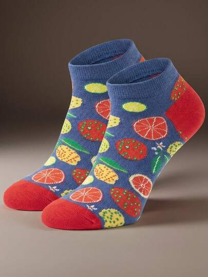 1 par de calcetines tipo barco con estampado de frutas - Diseño azul vibrante con impresiones de limón/fresa/cítricos, calcetines a juego populares para parejas, regalo ideal para entusiastas del estilo fresco y de la comida (familia/amigos), calcetines esenciales diarios para uso casual y ocio, estilo de moda durante todo el año
