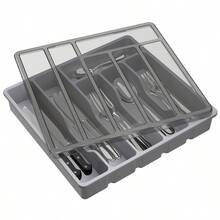 Cutlery Tray With Lid, Cutlery Storage Box For Kitchen Countertop And Drawer, Plastic Cutlery Drawer Organiser For Spoons Forks Knives Holder Storage Insert, 6 Compartments - 灰色的 - 查看 3