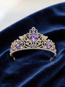 1pc Vintage Ruby Rhinestone Crown, Butterfly Embossed Ornate Headpiece For Party - Multicolor - View 8