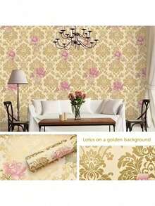 Eine Rolle selbstklebende Vinylvliestapete mit goldenen und rosa Hibiskusblumen Mustern, einfach abziehen und aufkleben. Geeignet für Wand Dekoration in Schlafzimmern, Wohnzimmern, Küchen, Esszimmern und Zuhause, sowie für die Renovierung von Tischplatten und Schränken. langanhaltend und abnehmbar. Verschiedene Größen erhältlich. - Gold - Übersicht 12