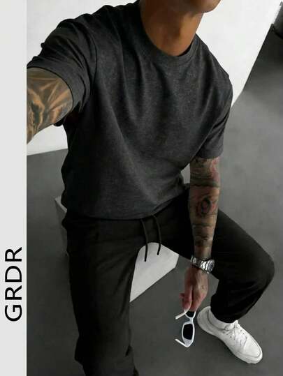 GRDR 男士复古简约纯色水洗短袖T恤，舒适透气，适合夏季穿着，引领时尚潮流