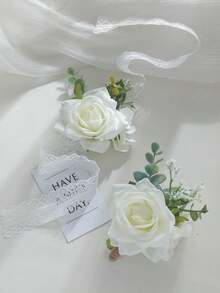 1件/2件/6件装奢华玫瑰绣球花人造花胸花和腕带，适合新郎、新娘、伴娘、婚礼、舞会、派对、正式场合 - 白色 - 查看 2