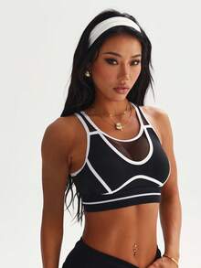 Women's Black Removable Padded Mesh Patchwork Round Neck Sports Knit Bra - Black - View 5