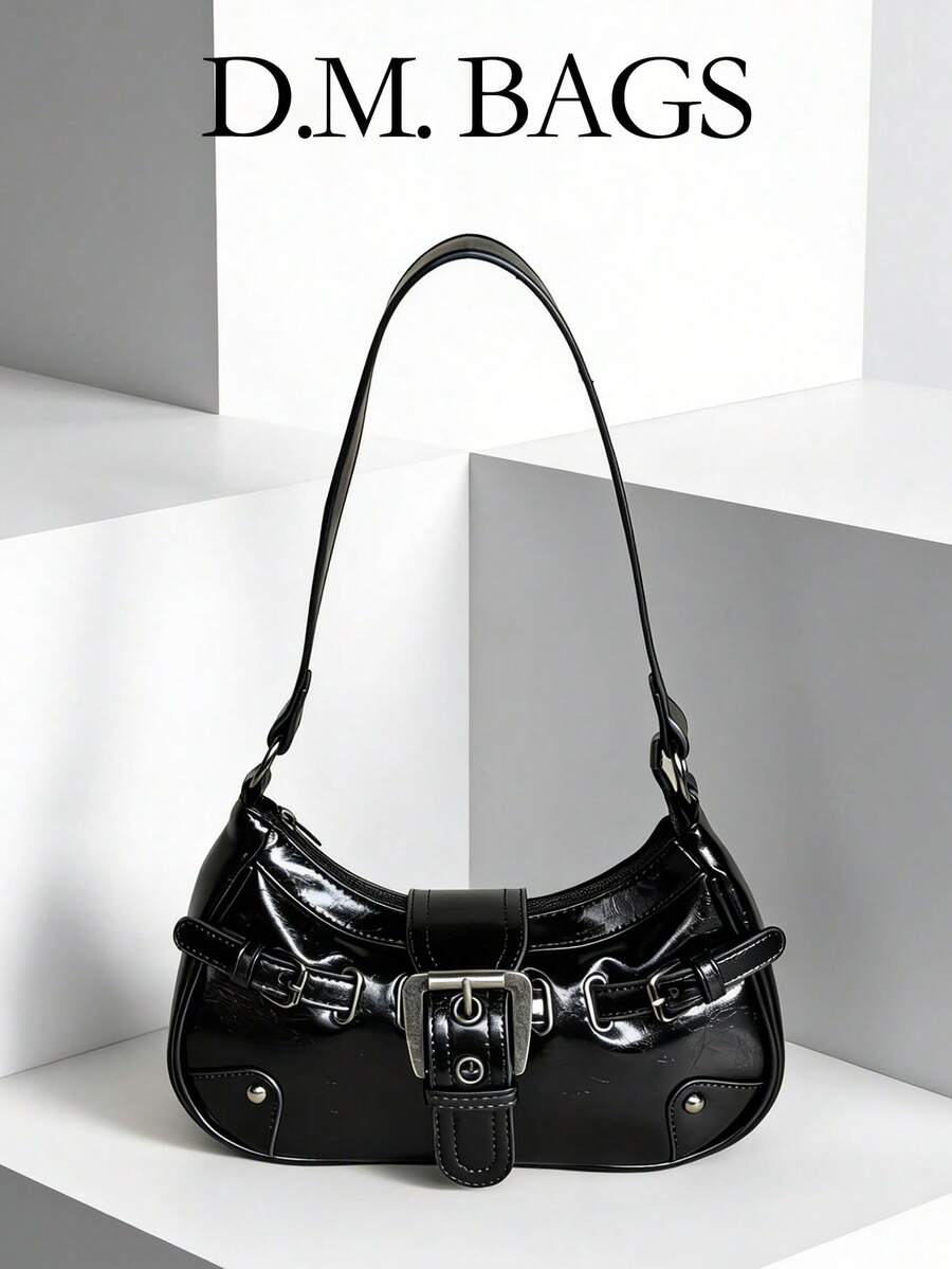 Bolso de motocicleta de cuero suave y desgastado con remaches, hebilla y decoración de nube plisada, adecuado para el trabajo, el transporte, las citas y las fiestas - Negro - Ver 1