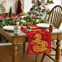 2026年中国生肖马年新年快乐桌布，春节冬季厨房餐桌装饰，家居派对装饰 - 紅色 - 查看 12