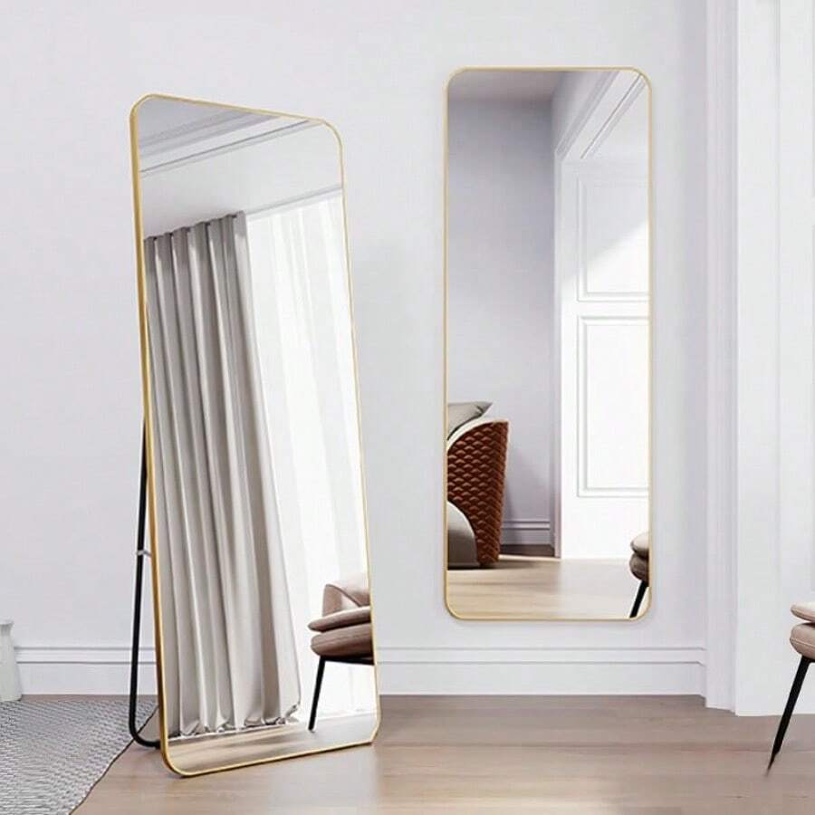 60 x 15 Pulgadas Espejo de CambiadorEspejo de Piso Cuerpo Completo Espejo de Piso Grande Con Soporte Colgante o Apoyado Contra La Pared para Guardarropa Dormitorio Vestidor Oficina Comedor - Dorado - Ver 1