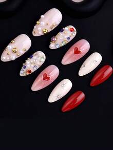 24pcs Short Almond Shaped False Nails, Valentine's Day Red Heart Rhinestone Starry Design, Full Coverage Removable Nail Art Set, Suitable For Women Party, Ball, And Daily Wear
