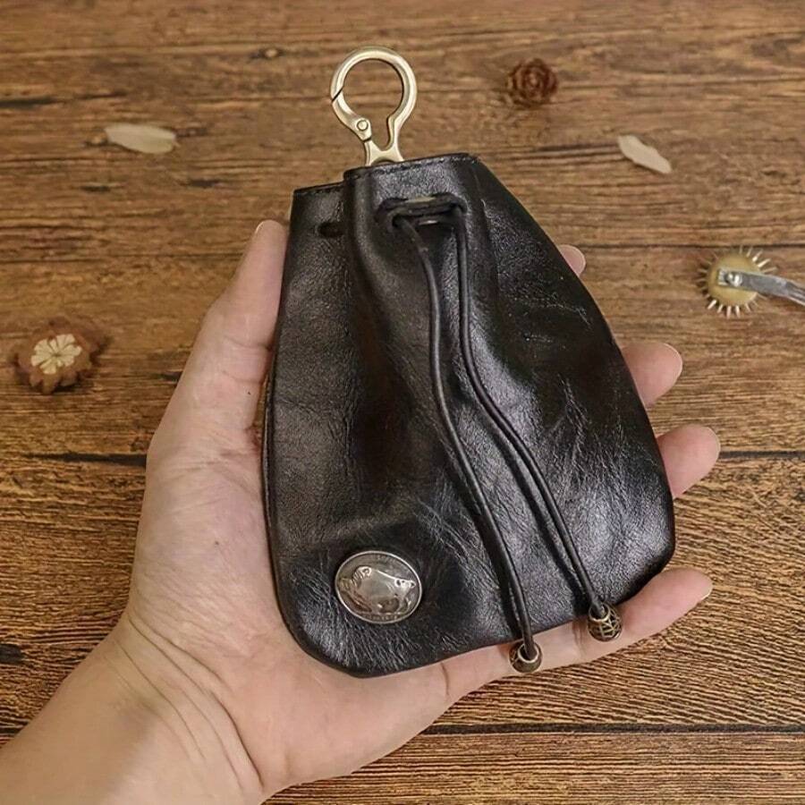 1pc Vintage Handmade Leather Wallet | Premium Vegetable Tanned Coin Purse With Key Ring | Multifunctional Car Key Card Holder | Striped Pattern, Magnetic Snap | Ideal Gift For Valentine's Day And Father's Day