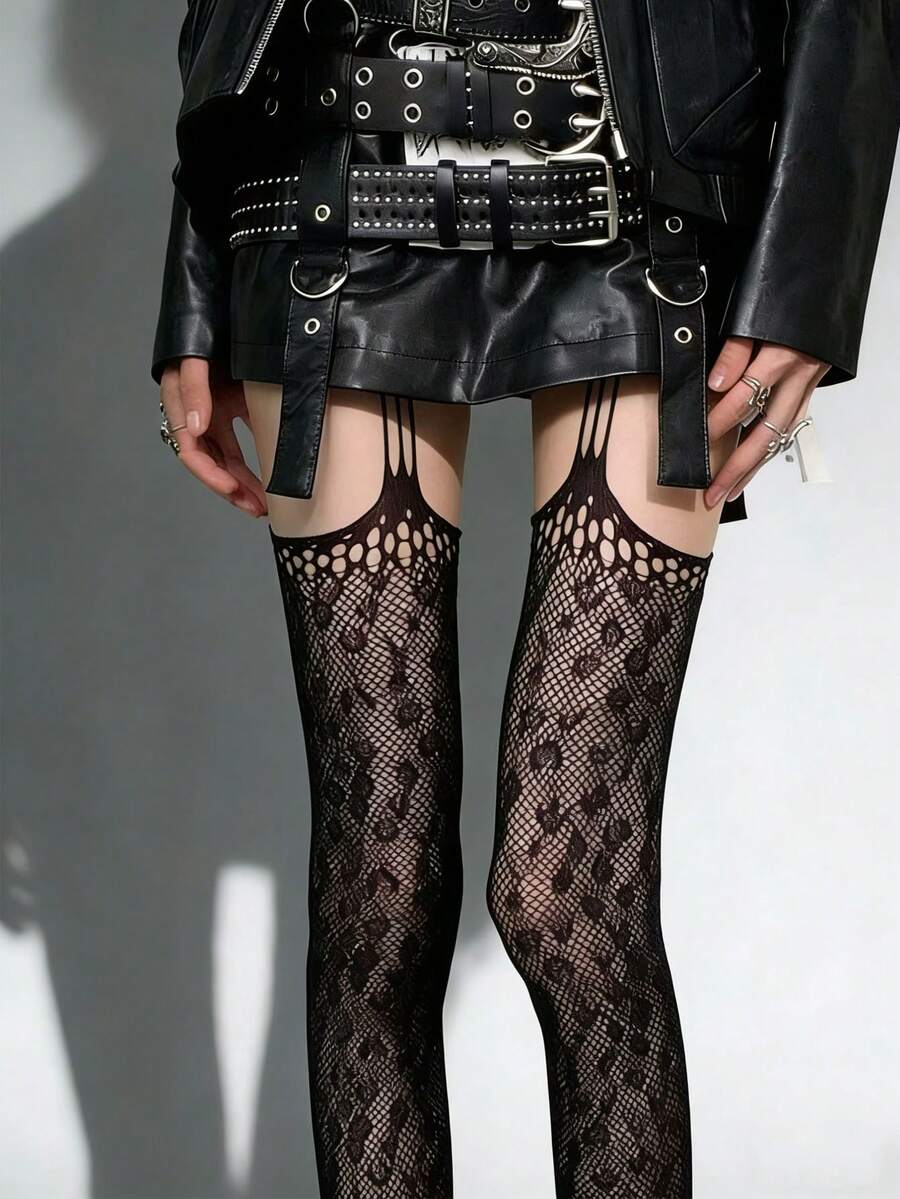 1 Pair Black Leopard Print Fishnet Stockings With Garter Belt - Lightweight Sexy Black Summer Fishnet Leg-Showing Fishnet Leopard Print Patchwork Garter Stockings