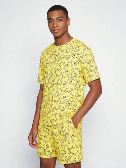 Snug League 2pcs/Set Men's Crew Neck Duck Print Short Sleeve T-Shirt And Shorts Casual Suit