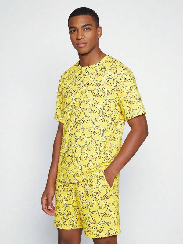  Snug League 2pcs/Set Men's Crew Neck Duck Print Short Sleeve T-Shirt And Shorts Casual Suit
