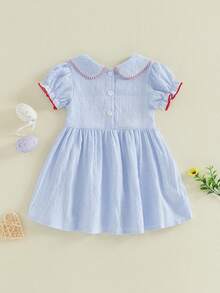 Little Girls Easter Dress Summer Short Sleeve Doll Collar Letter Cross Embroidery A-Line Dress - Màu xanh lam - Xem 7