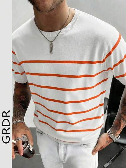  Suéter de manga corta de punto a rayas de verano para hombres GRDR, versátil para socializar y cenar en verano