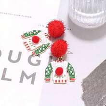 1 Pair Fashionable Creative Red Pom Pom & Reindeer Pendant Earrings, Unique Christmas Earrings - Red Pom-pom-patterned Reindeer Clothing Pendant Earrings - View 2