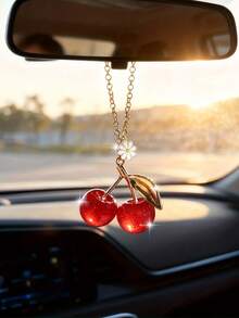 1pc Red Cherry Car Pendant Car Rearview Mirror Pendant Creative Interior Decoration - A - View 9