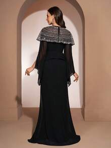 YISIKADO 亮片雪纺晚礼服，高领开衩袖设计，优雅正式，适合婚礼宾客、生日派对、舞会、宴会、毕业典礼、庆典及其他正式场合，也可作为宴会礼服穿着。春季派对 - 黑色 - 查看 3