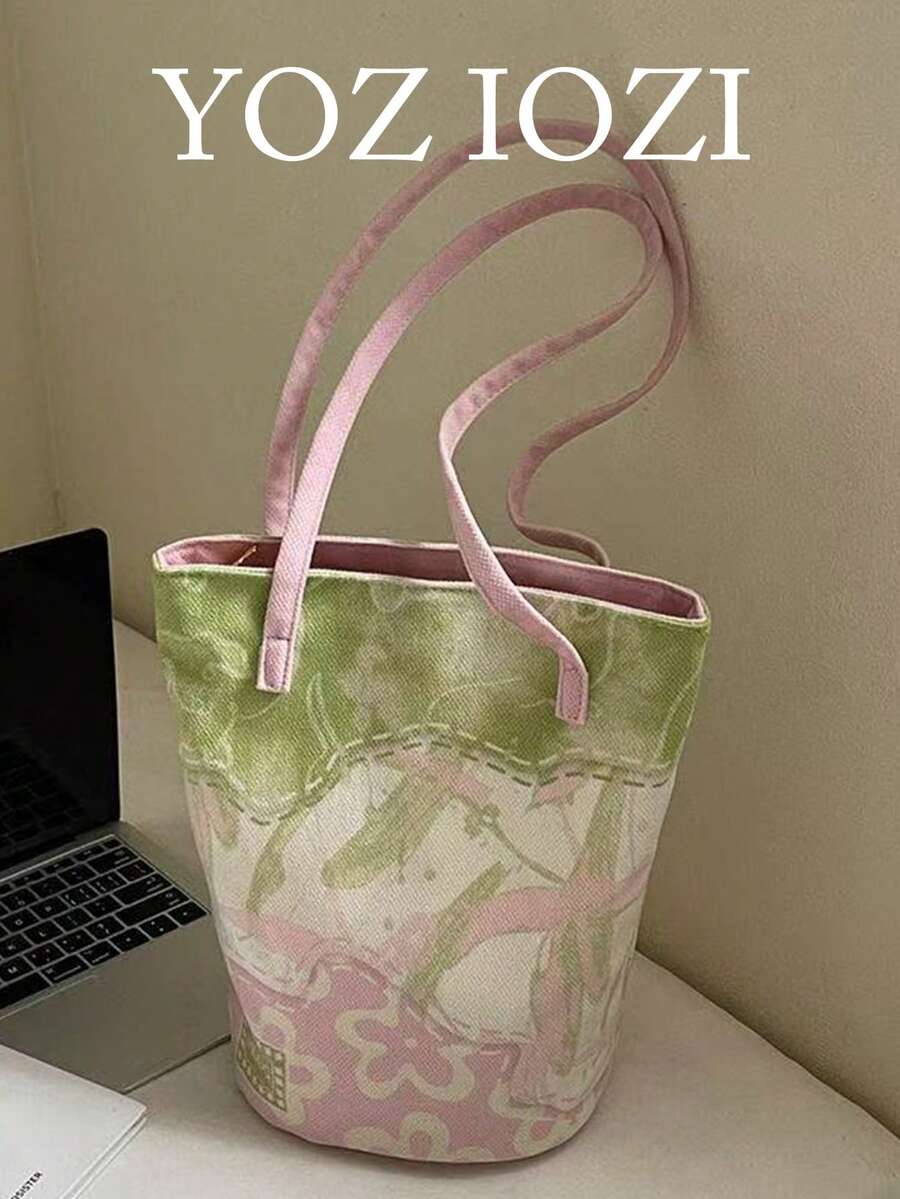 韩式复古小众设计粉绿色清新单肩包，通勤休闲外出皆宜，大容量简约帆布手提包，艺术感十足的腋下单肩水桶包，女士款 - 彩色 - 查看 1
