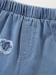 1pc Girls' Casual Loose Fit Denim Shorts, Comfortable & Versatile, Fashionable With Heart & Tassel Decor, Elastic Waist, Blue - Medium Wash - View 7