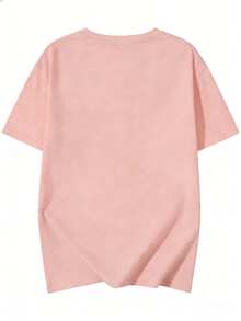 Camiseta de manga corta con estampado sencillo y lindo, estilo casual y versátil para vacaciones, cuello redondo, holgada. Camiseta de manga corta con estampado de letras, suave, holgada y cómoda, estilo callejero y de vacaciones, holgada y casual, versátil, color rosa - Rosa - Ver 5