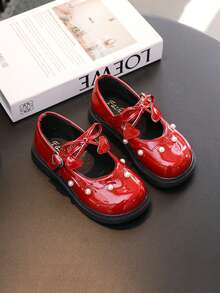 7-18 Years Old Children's Red Patent Leather Flat Shoes, Suitable For Spring And Autumn Outdoor Activities, Park Walking, Non-Slip And Wear-Resistant Soft Bottom Comfortable Lightweight Girls' Shoes, Red Bow Tie Mary Jane With Pearl Decoration Cute Heart-Shaped Red Patent Leather Girls' Princess Shoes, Elegant Red Performance Shoes For School Campus And Student Performances - Red - View 2