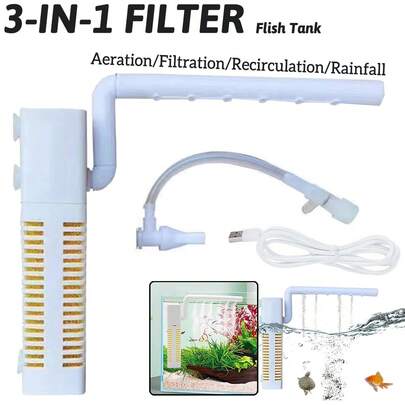 1 máy bơm khí chìm 3 trong 1 cho bể cá, tích hợp bơm tuần hoàn, hoạt động êm ái, dùng nguồn USB và có chức năng lọc, phù hợp với mọi loại bể cá.