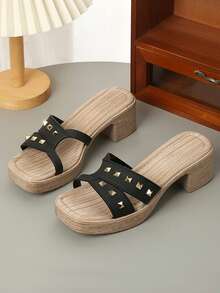 Sandalias de tacón grueso cómodas y antideslizantes para adolescentes, de moda y versátiles para el verano - Negro - Ver 2