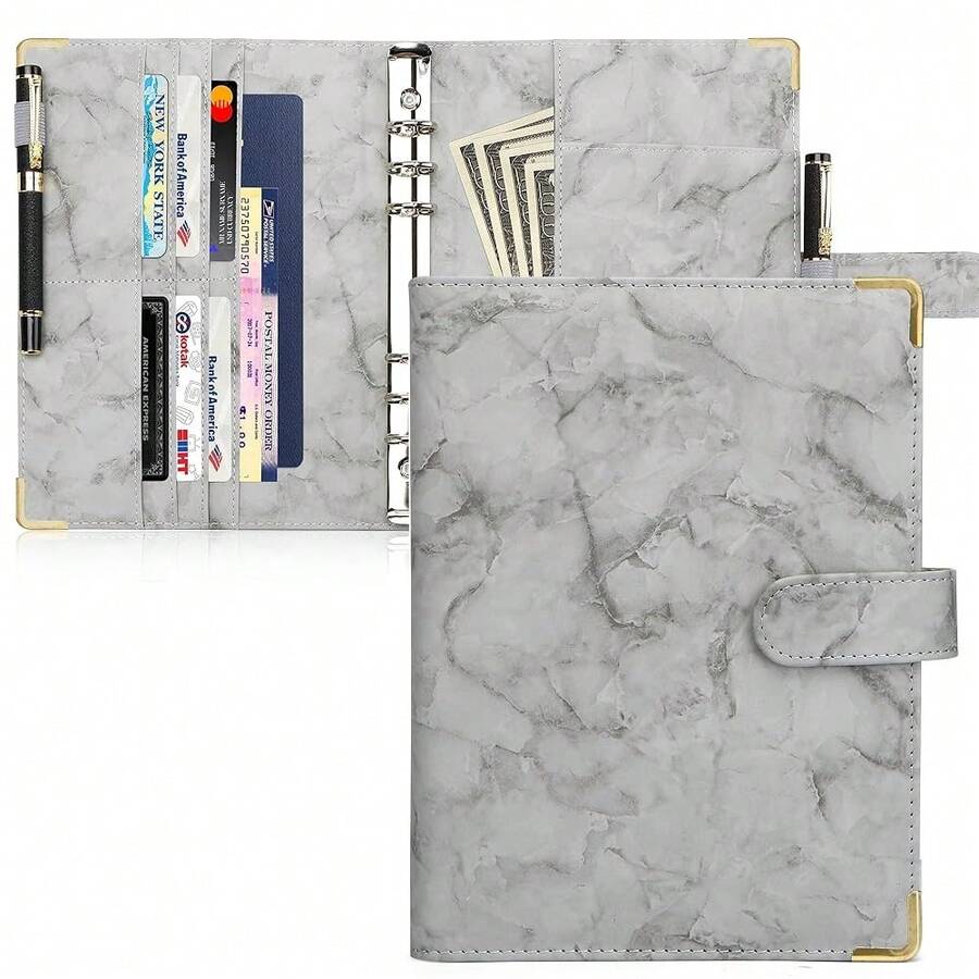 A5 Binder 6 Ring Personal Planner Budget Cover Marble Gray Notebook For Filler Loose Leaf Paper - 大理石灰 - 查看 1