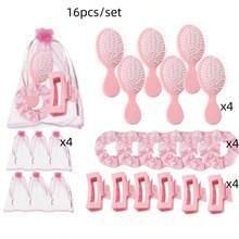 24pcs Bridal Gift Set, Includes 6 Pink Hair Combs, 6 Pink Hair Buns, 6 Pink Hair Clips, 6 Pink Organza Bags, Suitable For Wedding Hair Accessories, Bridesmaids, Proposal, Birthday, Party Decor, Bridal Gifts, Guest Gifts, Bridesmaid Favors, Summer Beach Back To School Supplies, Room Decor - Pink - View 3