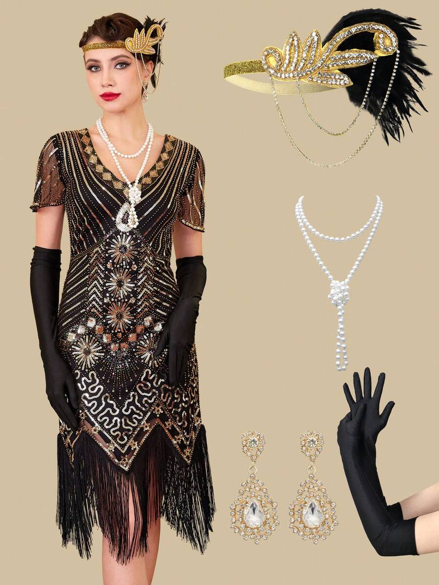 1920s Style Women's Dress, Fringe Sequin Cocktail Gown With Pearl Embellished Sheer Sleeves - Gold - View 1