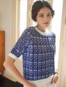 Knit Mix Áo thun nữ dệt kim thời trang thanh lịch, cổ tròn, tay ngắn, họa tiết hoa Pháp, dáng rộng, kiểu dáng cơ bản cho mùa xuân/hè, họa tiết ngẫu nhiên, phù hợp cho mùa tựu trường xuân/hè, cũng thích hợp cho trang phục thường ngày dịp Giáng sinh, Lễ Tạ ơn và Năm mới. - Xanh và trắng - Xem 7
